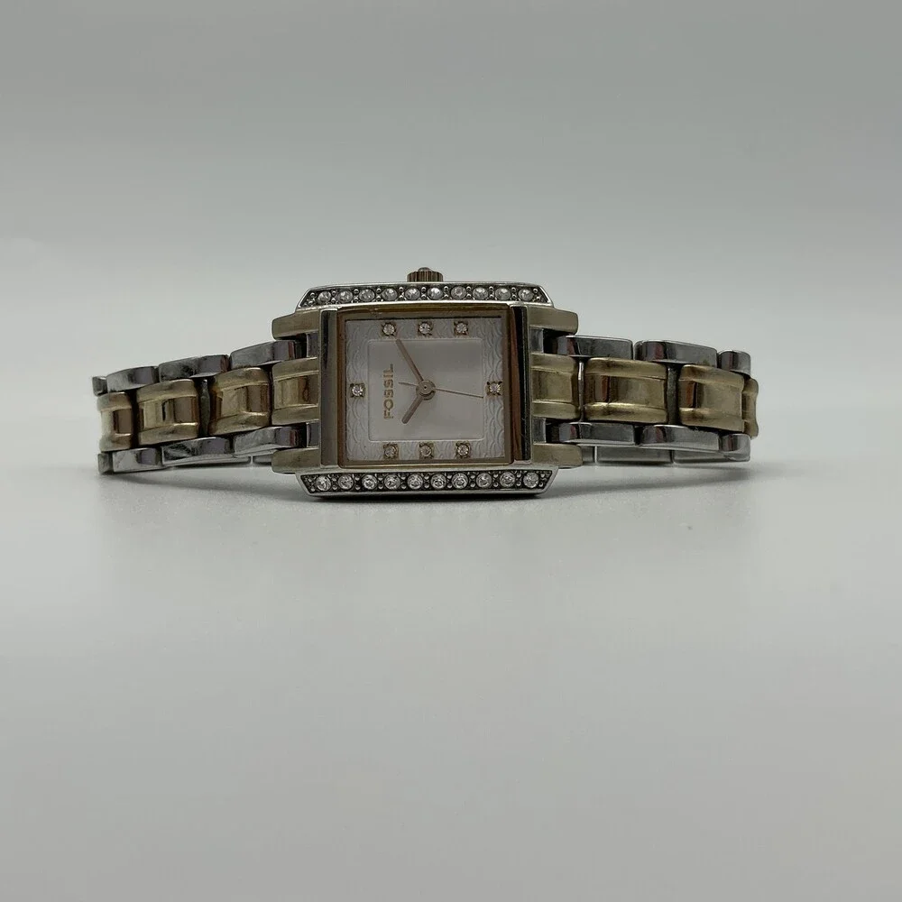 Fossil ES-2123 Womens Watch 20mm Silver Two Tone Crystal New Battery 5.75